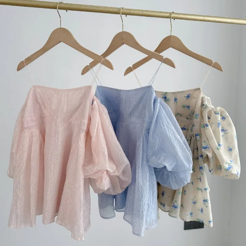 Japanese Print Blusas Mujer Sexy Off Shoulder Puff Sleeve Shirts & Blouses Woman 2025 Clothing Loose Camisas Summer New Ropa