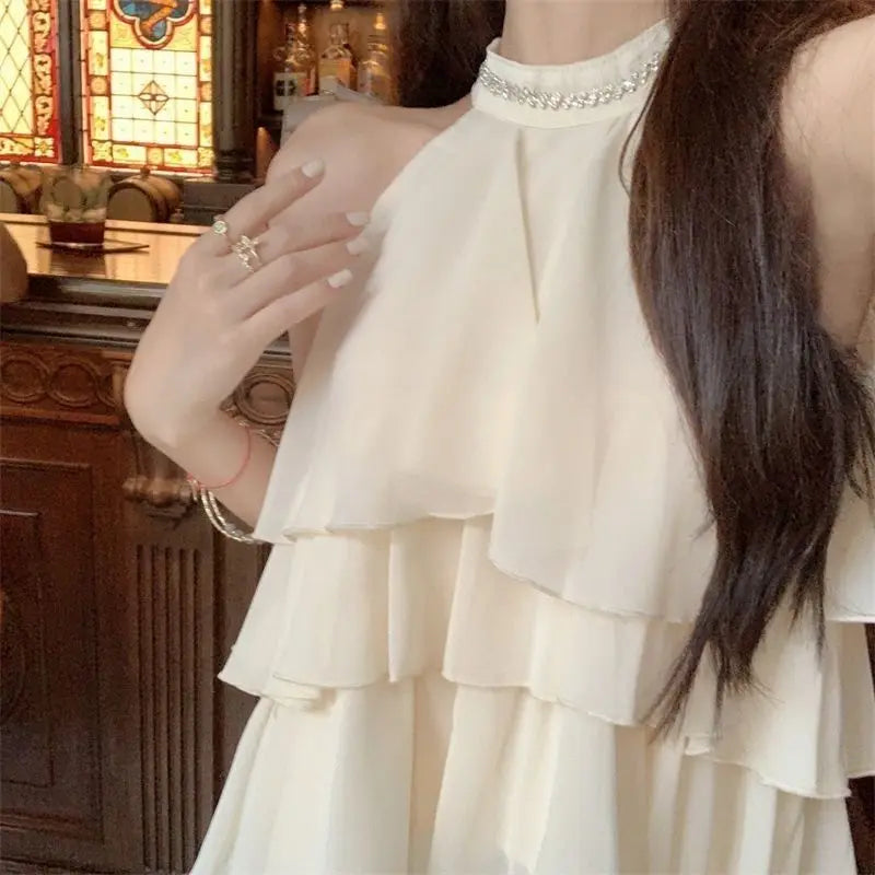 Hanging Neck Cake Blouse Women Tierred Irregular Ruffle Voile Shirt Elegant Chiffon Sexy Top Female Sweet Thin Summer Clothes