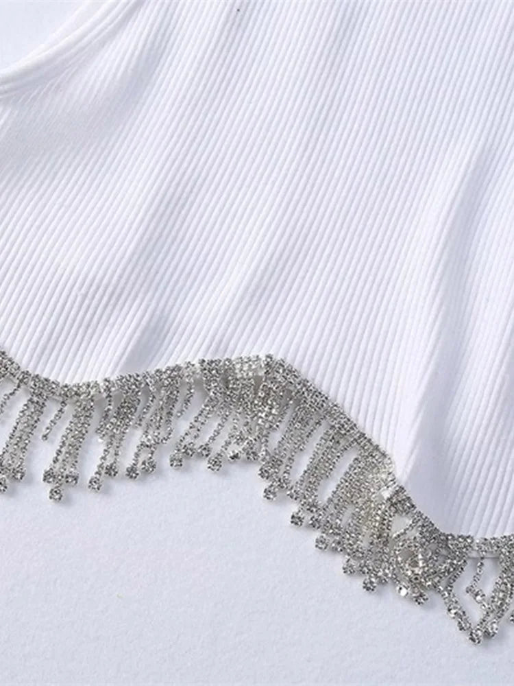 High Street Sexy Hem Tassel Diamond Beading Knitting T Shirt Chic Short Camis Tank Lady Slim Crop Vest Tops