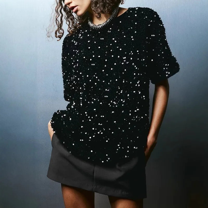 2025 Spring Sexy Women Velvet Sequins Shirt Top Elegant Short Sleeve O Neck Loose Sparkle Guest Party T-shirt Night Clubwear