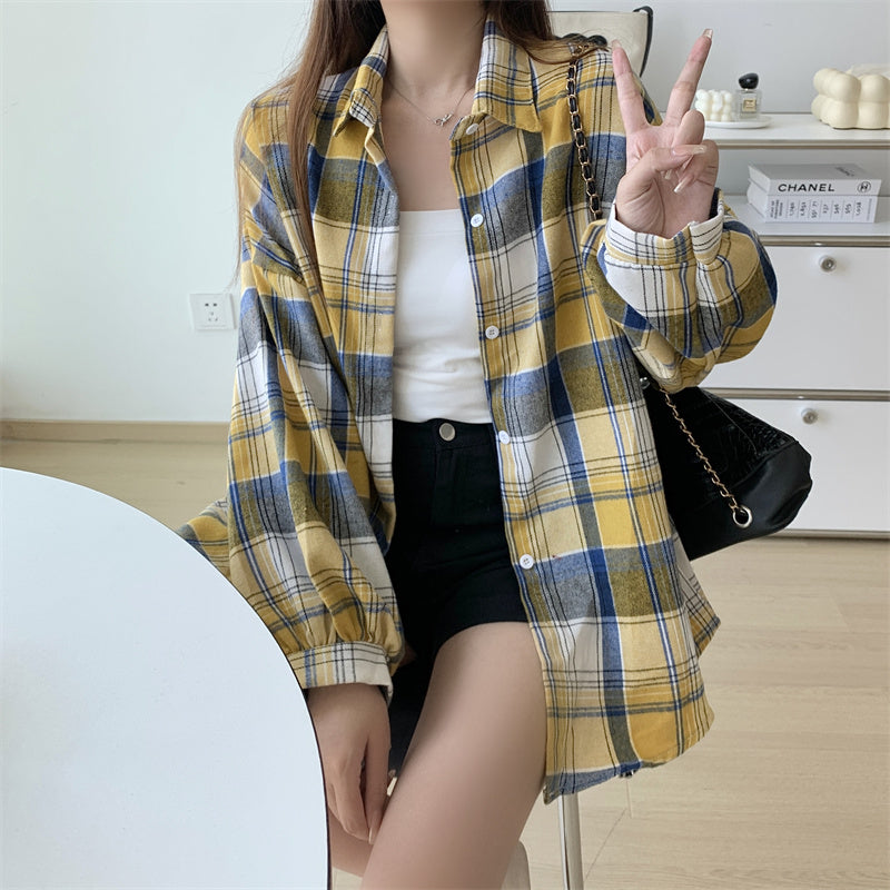 Women Tartan Shirt Long Sleeve Collared Button Up Oversized Plaid Shirt Jacket Grunge Fashion Teenage Girl Spring Summer Outfit