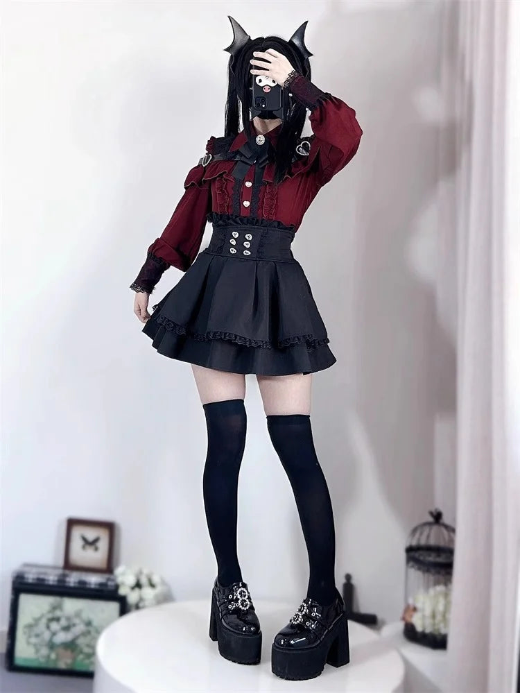 Kawaii Off Shoulder Long Sleeve Shirts Women Black Short Skirt Set Y2K Gothic Ruffle Skirts Lace Lolita Shirt Gown Suit 