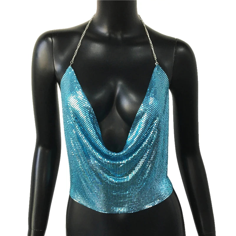 Festival Brilliant Rhinestone Backless Party Crop Top Women 2022 Summer Glitter Evening V Neck Diamonds Metal Tank Tops