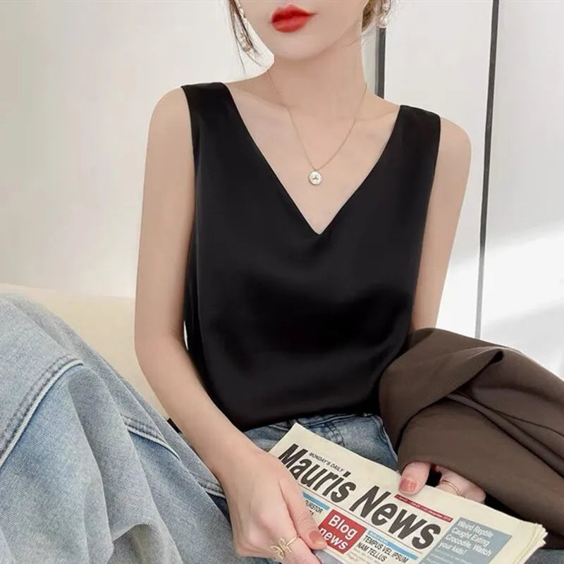 Acetate satin Camisole Women's V-neck Silk Satin vest Top elegant wild Avocado Green white black tank Women Crop Tops