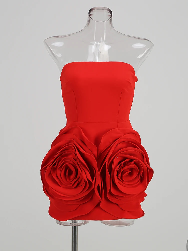 Red Brithday Dresses for Women Elegant prom Gown Sexy Strapless 3d Big Flower Evening Dress 2025 Summer Fashion Party Outfits
