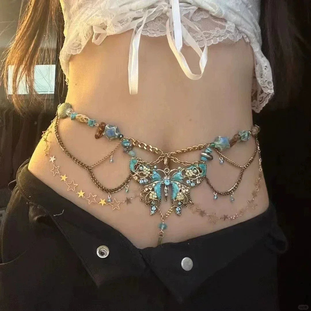 Y2K Designer belt Jewelry Multilayer Pearl waist chain for Women's Fashion Retro Character Playing Body Accessories Party Belts