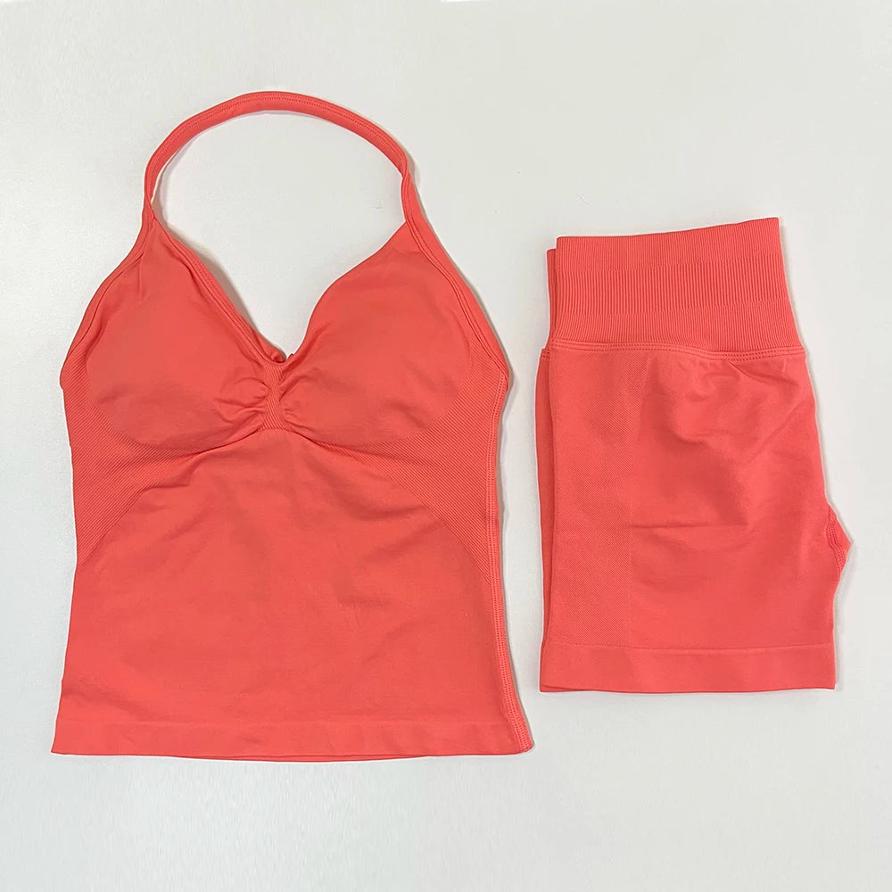 2pcs Gym Set Women Backless Tank Top and Scrunch Seamless Yoga Shorts Suits Fitness Yoga Set Activewear Workout Sets Sports Suit