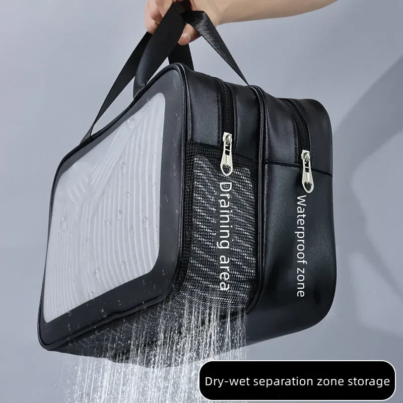 乾湿分離ダブル透明PUメイクアップバッグポータブル洗濯バッグ化粧品収納バッグ旅行フィットネス水泳必需品