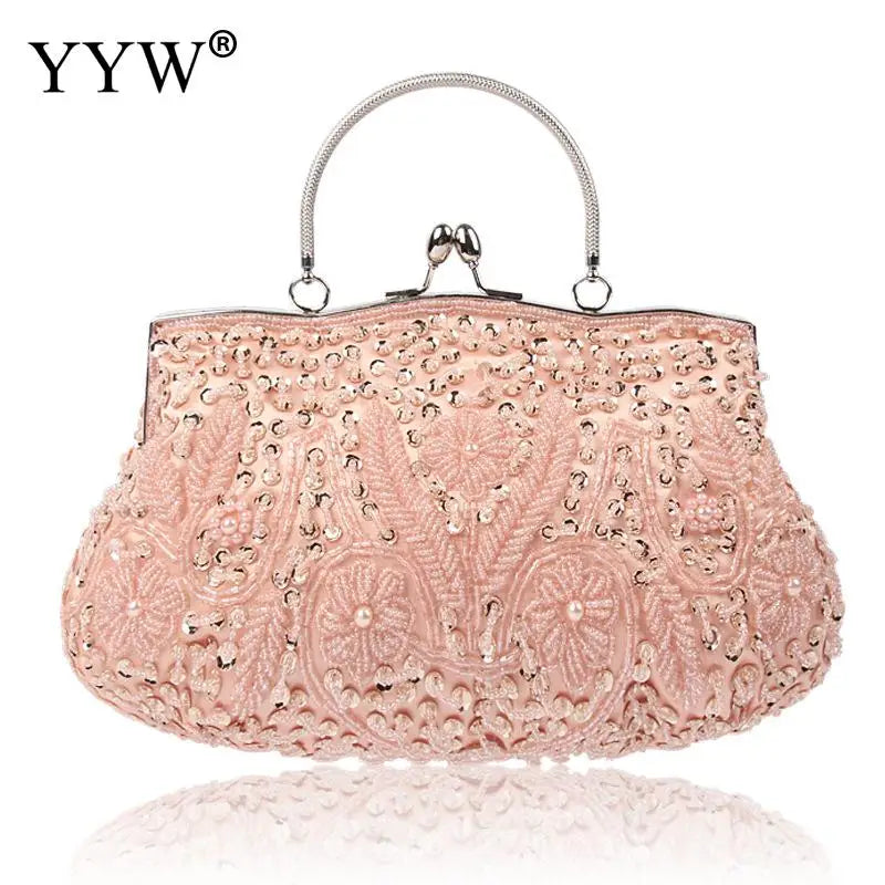 Crystal Beaded Evening Party Clutch Handbag Women Floral Printing Soft Tote Bags Metal Top Handle Wedding Brides Messenger Purse
