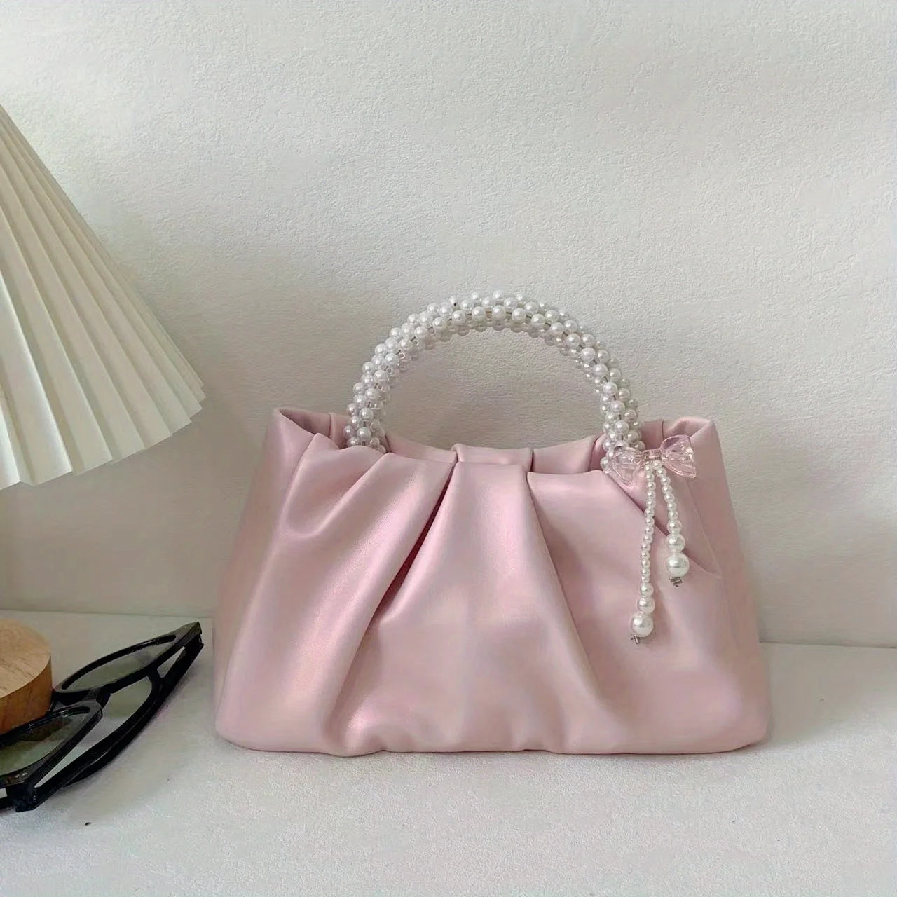 Elegant pink pleated pearl embellished clutch bag - magnetic closure, imitation leather, suitable for weddings and parties