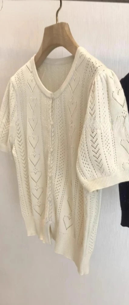 2025 Knitted Love Hollow Out Cardigans Women Summer Puff Sleeve Cropped Sweater Korean Single Breasted Fashion Woman Clothes