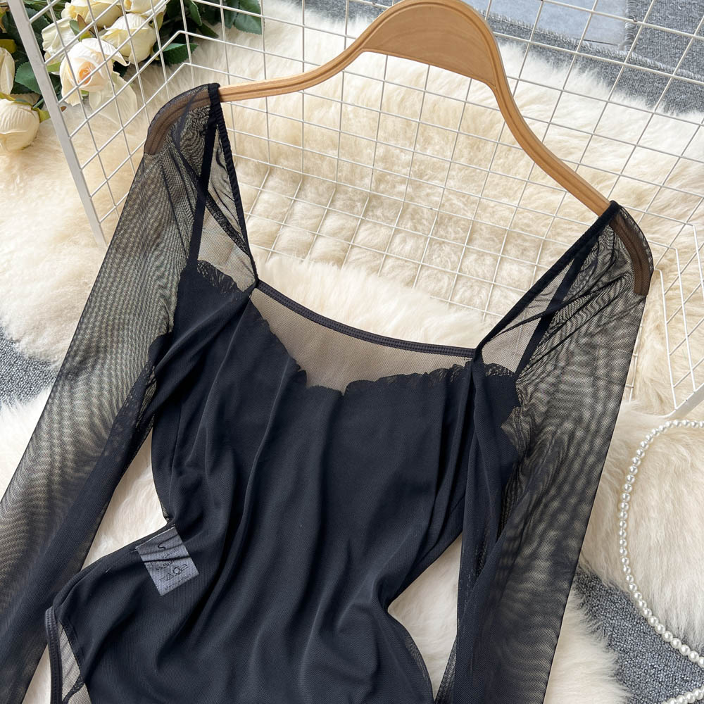 Women Sexy Mesh V Neck Slim Bodysuit Chic Long Sleeve Fashion Elastic Bodycone Jumpsuits Spring Autumn Hotsweet Gothic Playsuits