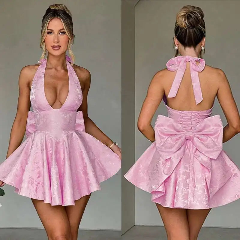 Giyu Club Evening Party Dresses Women 2025 Summer Sexy Bow Halter Long Dress Elegant Jacquard Lace Up Backless Birthday Robe