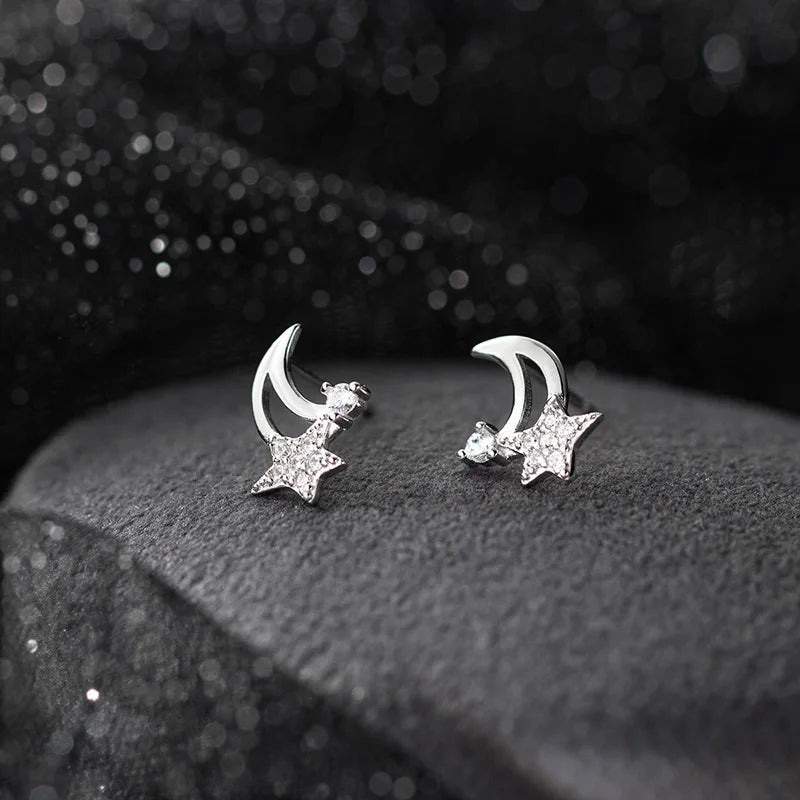 SOFTPIG Real 925 Sterling Silver Zircon Star Moon Stud Earrings For Women Classic Fine Jewelry Minimalist Accessories