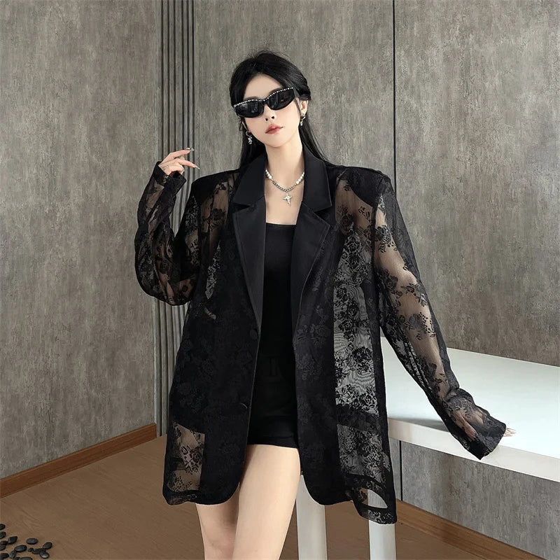 Women Clothing Summer Thin Jackets 2025 Ropa Mujer Patchwork Lace Temperament Coat Sexy Y2k Tops See Through Oversized Outwear