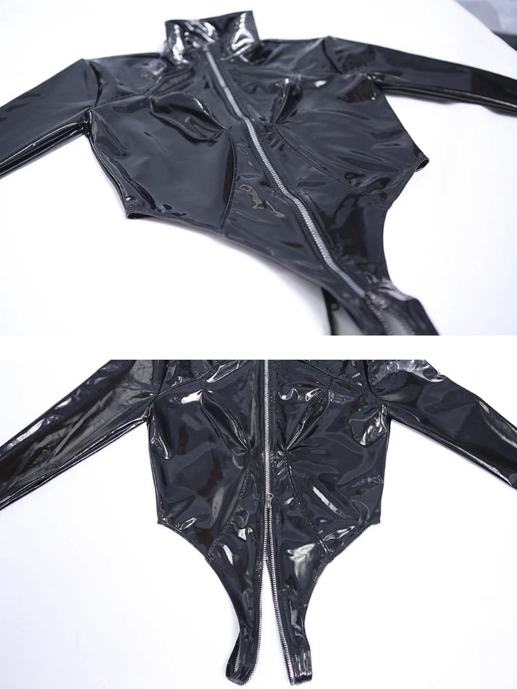 Shiny Faux PU Leather Zipper Open Crotch Bodysuit Wet Look PVC Catsuit Tight Sexy Body Teddies High Cut Swimsuit Leotard Unitard