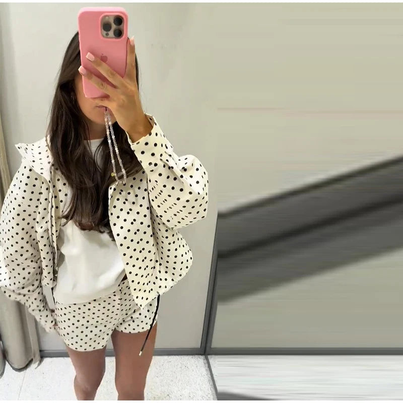 Polka Dot Print Shorts Coats Suits Women Loose High Neck Long Sleeves Zipper Drawstring Sets Female 2025 Autumn New Chic Set