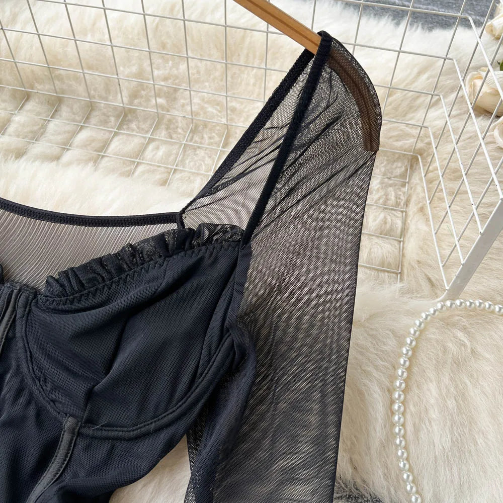 Women Sexy Mesh V Neck Slim Bodysuit Chic Long Sleeve Fashion Elastic Bodycone Jumpsuits Spring Autumn Hotsweet Gothic Playsuits