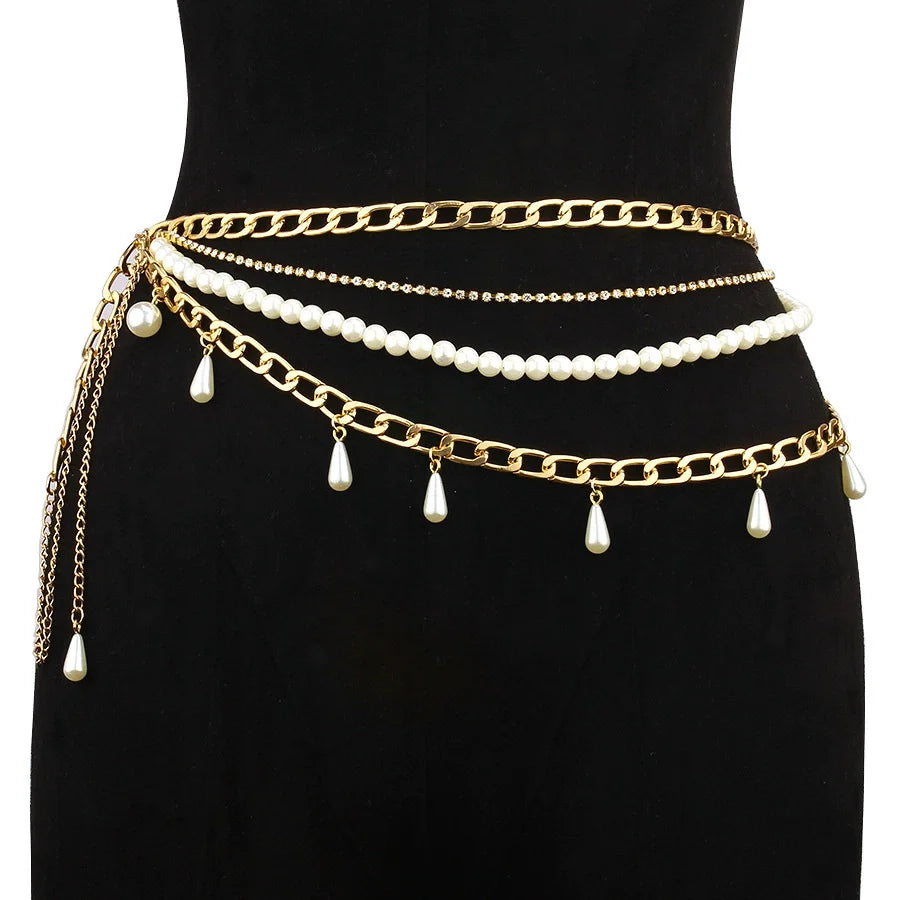 Y2K Designer belt Jewelry Multilayer Pearl waist chain for Women's Fashion Retro Character Playing Body Accessories Party Belts
