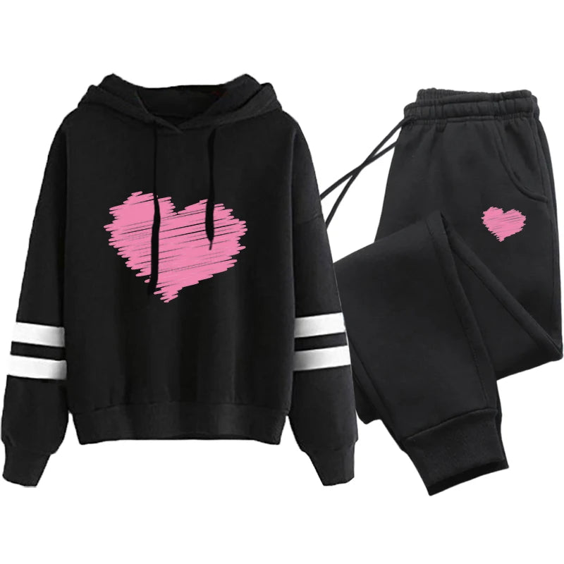 Cute Heart Printed Hoodies Sweatpants Woman Daily Casual Sports Jogging Suit Home Outdoor Comfort Warm Outfit Women's Clothes