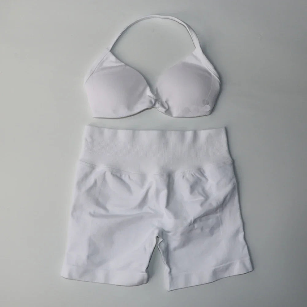 Gym Set Women Two Piece Strappy Yoga Bra Top Workout Scrunch Shorts Suit Fitness Clothes Seamless Sportswear Workout Set