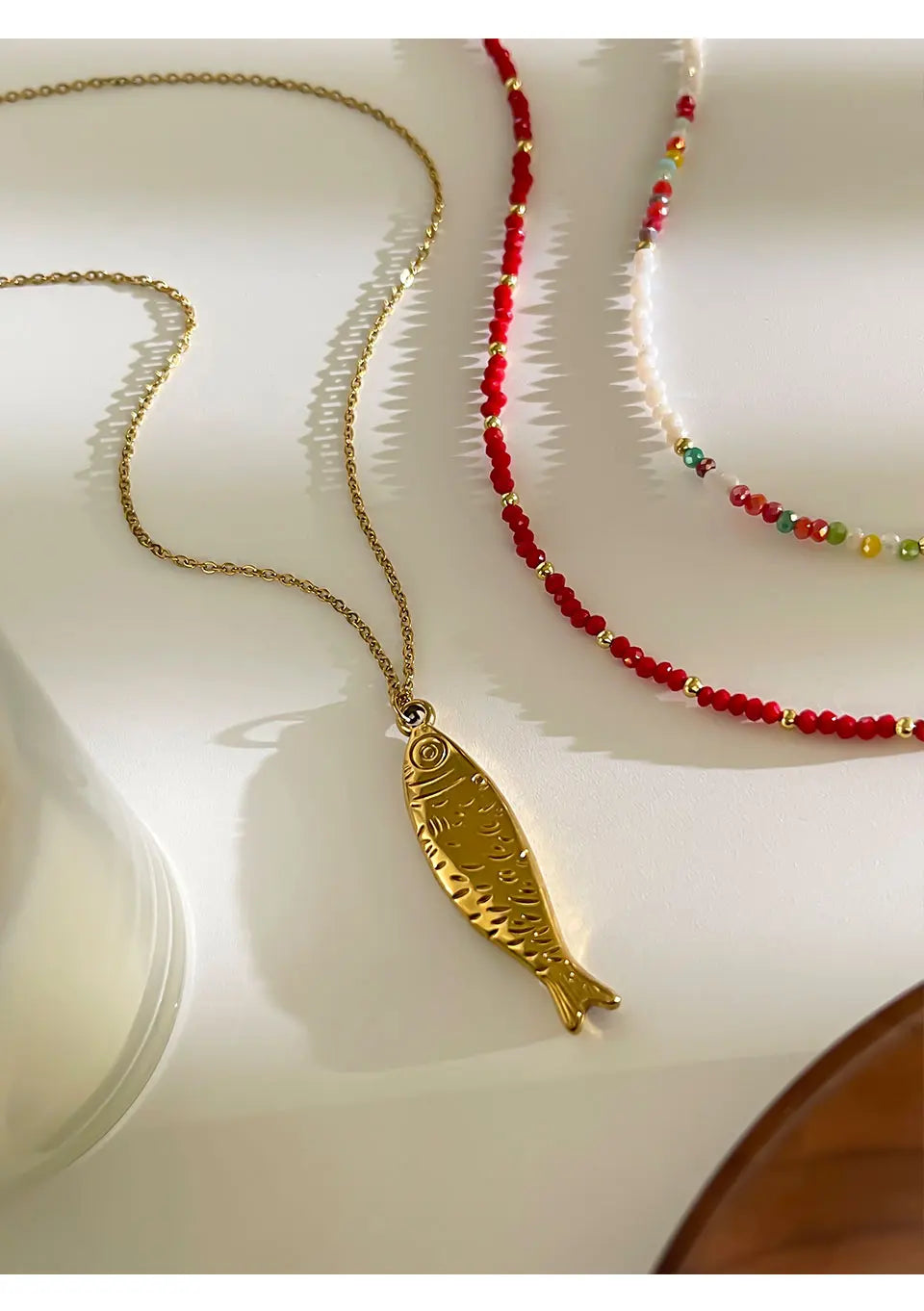 Peri'sbox Boho Colorful Acrylic Beaded Chain for Women 18K Gold Plated Solid Fish Pendant Necklace Waterproof Stackable Jewelry