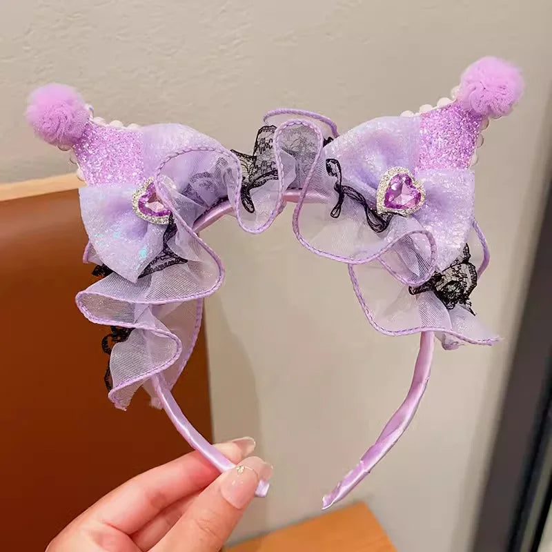 Kawaii Sanrio Kuromi Children Headband Hello Kitty Melody Cinnamoroll Cartoon Bow Shiny Hairband Hair Accessories Christmas Gift