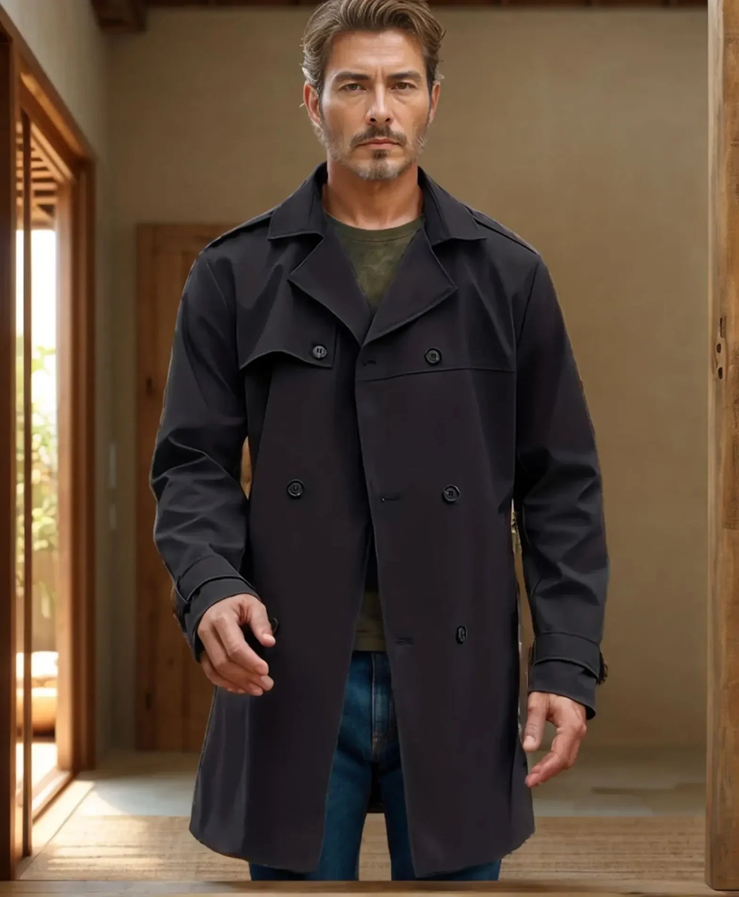 European and American Men's Lapel Slim Fit Double-Breasted Casual Coat Spring and Autumn Solid Color Long Sleeve Windbreaker