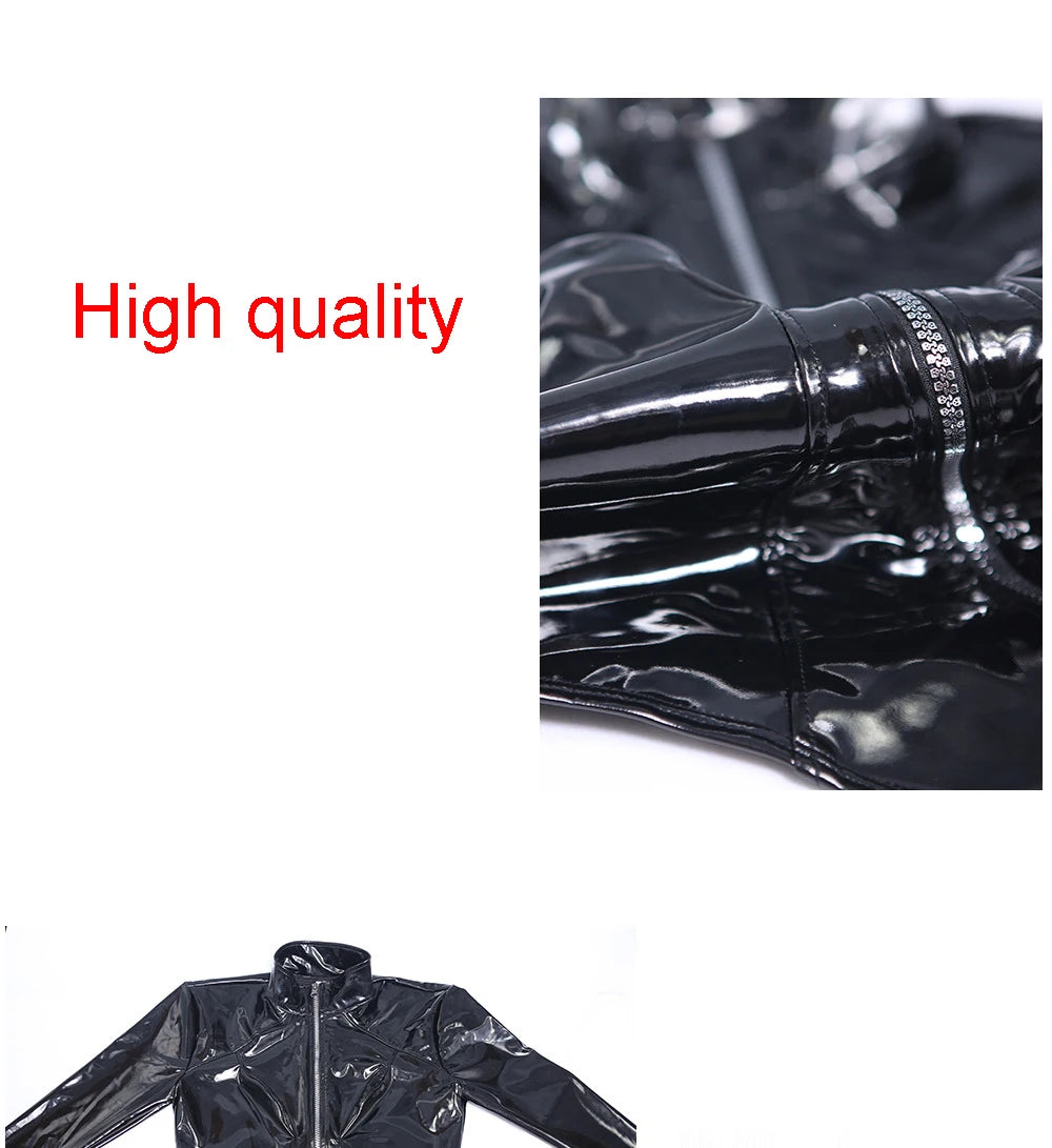 Shiny Faux PU Leather Zipper Open Crotch Bodysuit Wet Look PVC Catsuit Tight Sexy Body Teddies High Cut Swimsuit Leotard Unitard