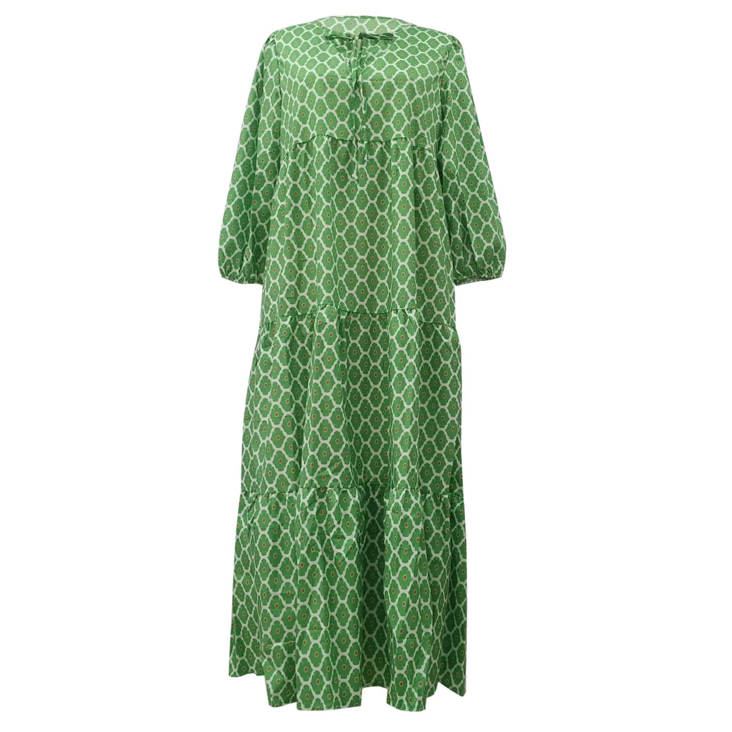 Women's Summer Casual Fashion Geometric Print Neckline Lace-up Bubble Middle-sleeves Ruffle Stitching Big Swing Long Losse Dress