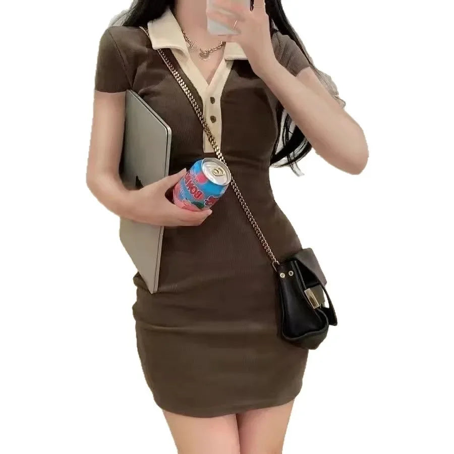 セクシースリムフィット長袖ポロネックミニスカートワンピース ショート丈 ポリエステル繊維 レディースファッション 春秋 韓国風