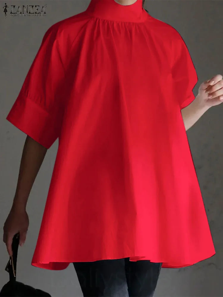 ZANZEA Elegant Women High Collar Half Sleeve Blouse Summer Casual Loose Shirt Fashion Work OL Tops Female Party Blusas Chemise