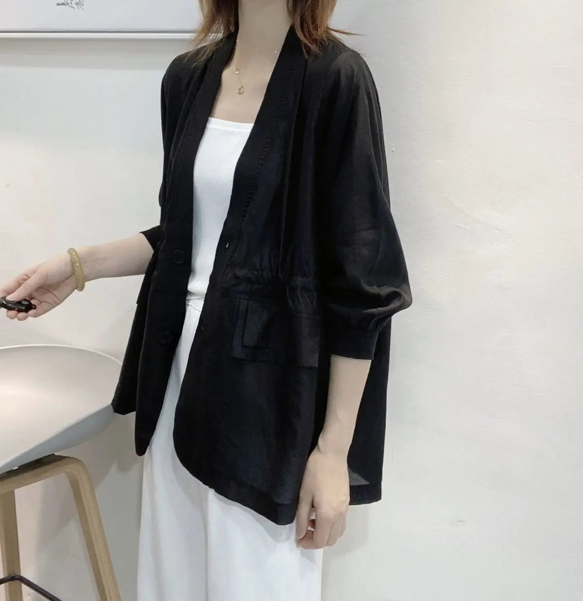 Plus Size Waist Tie V-neck Black Blazer Women Summer Cardigan Sunscreen White Jacket Korean Fashion Casual Pocket Outerwear New