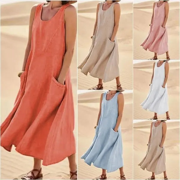 Chic Women Coton Linen Sundress Summer Female Sleeveless Double Big Pocket Loose Sand Beachwear Long Dress Oversized Vestidos