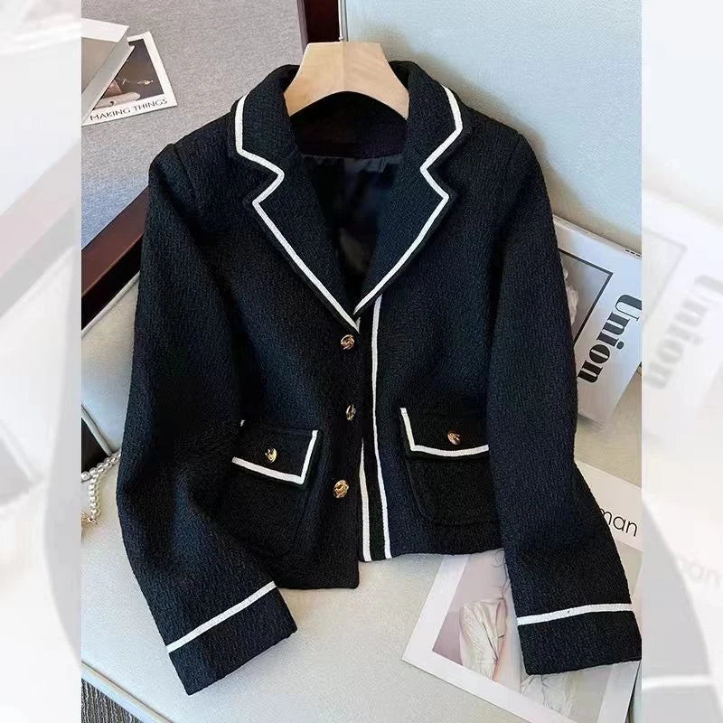 2024 French Light Luxury Celebrity Temperament Black and White Lapel Foreign Tweed Jacket Female Personality Advanced