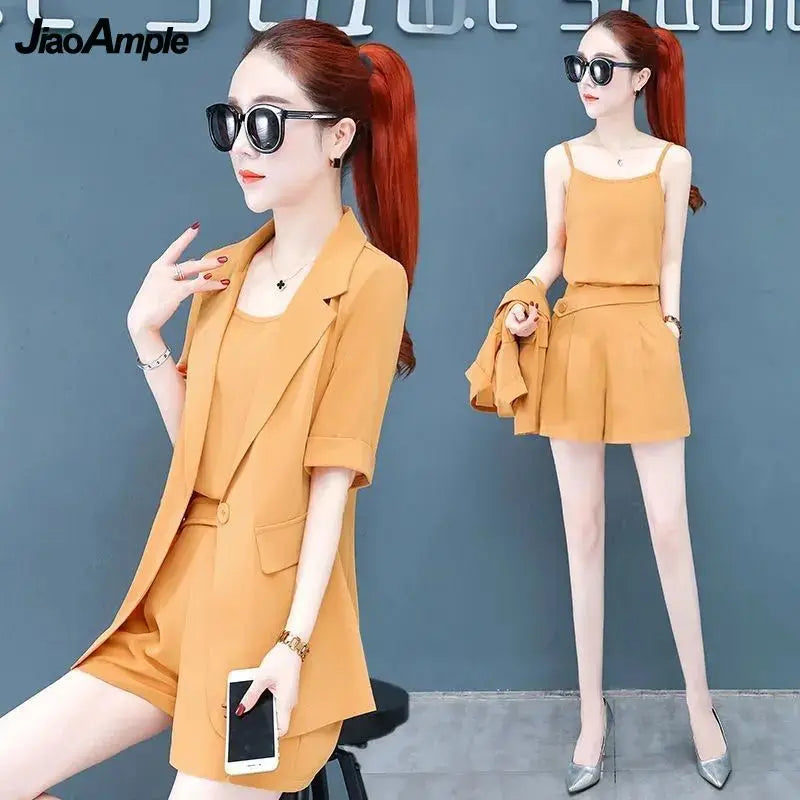 2025 Summer New Suit Vest Shorts Three-piece Women's Elegant Professional Wear Korean Fashion Slim Blazers Suspenders Pants Set