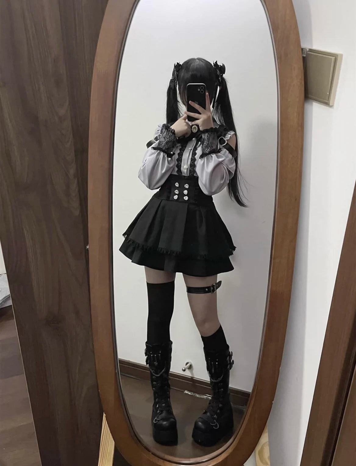 Kawaii Off Shoulder Long Sleeve Shirts Women Black Short Skirt Set Y2K Gothic Ruffle Skirts Lace Lolita Shirt Gown Suit 
