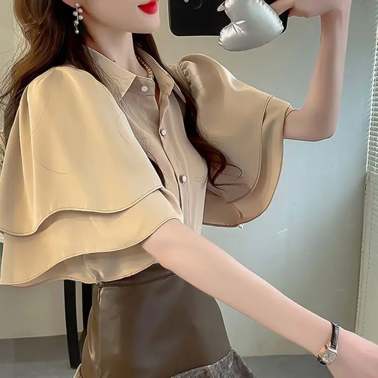 French Lady's Summer Loose Shirt Women's New Loose Blouse Solid Color Ruffle Short Sleeve Chiffon Top