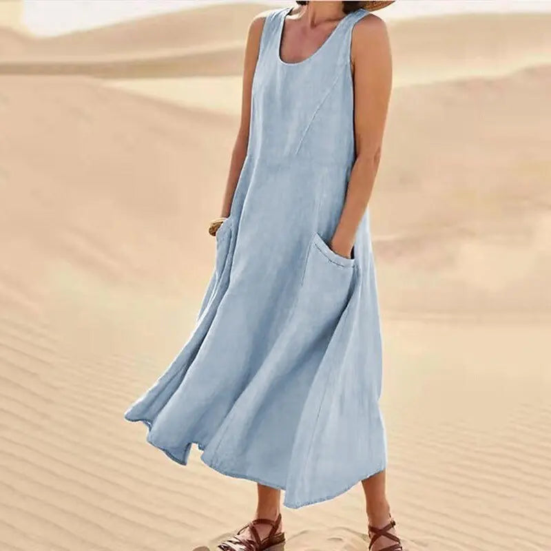 Chic Women Coton Linen Sundress Summer Female Sleeveless Double Big Pocket Loose Sand Beachwear Long Dress Oversized Vestidos