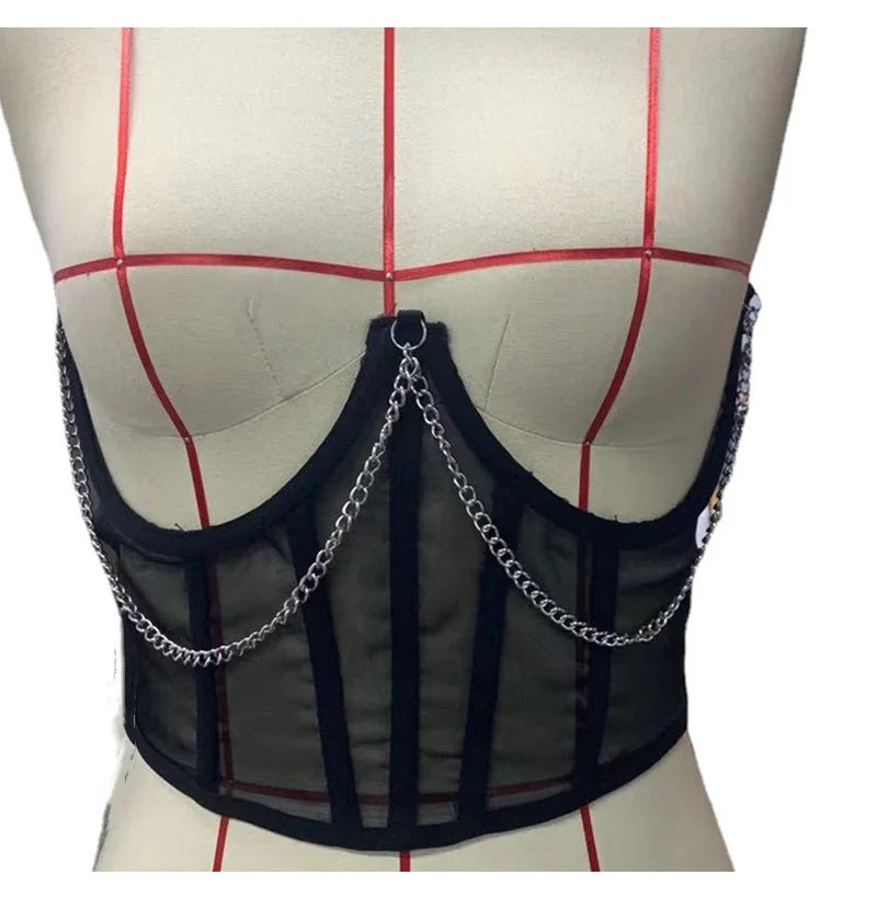 Sexy Corset Underbust Punk Metal Chain Black Women Top Curve Shaper Strap Slimming High Waist Belt Lace Bustiers