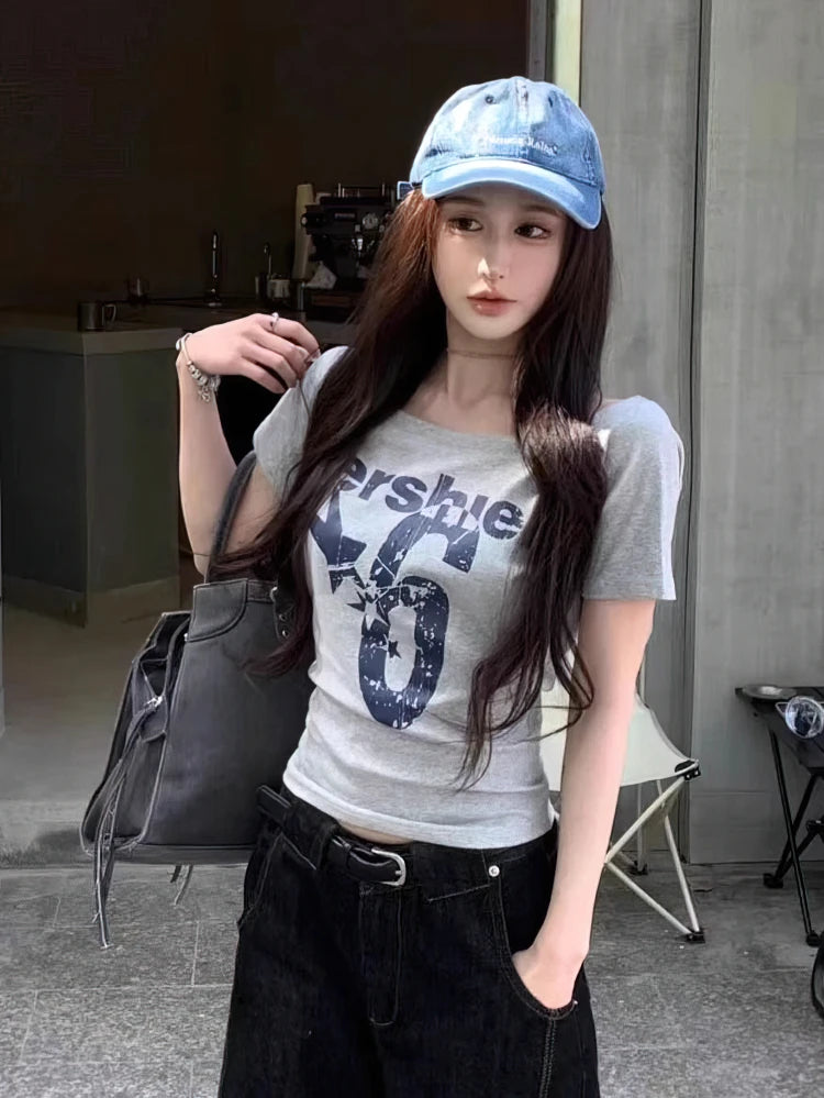 Y2k スポーツ サマー オフショルダー トップ レディース セクシー ヴィンテージ 2000年代 ショートスリーブ Tシャツ レディ ボディ ベーシック クロップトップ 女性 カジュアル