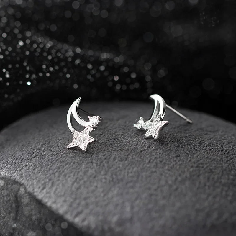 SOFTPIG Real 925 Sterling Silver Zircon Star Moon Stud Earrings For Women Classic Fine Jewelry Minimalist Accessories