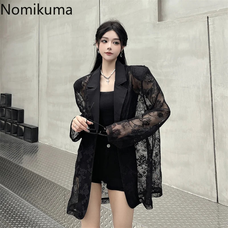 Women Clothing Summer Thin Jackets 2025 Ropa Mujer Patchwork Lace Temperament Coat Sexy Y2k Tops See Through Oversized Outwear