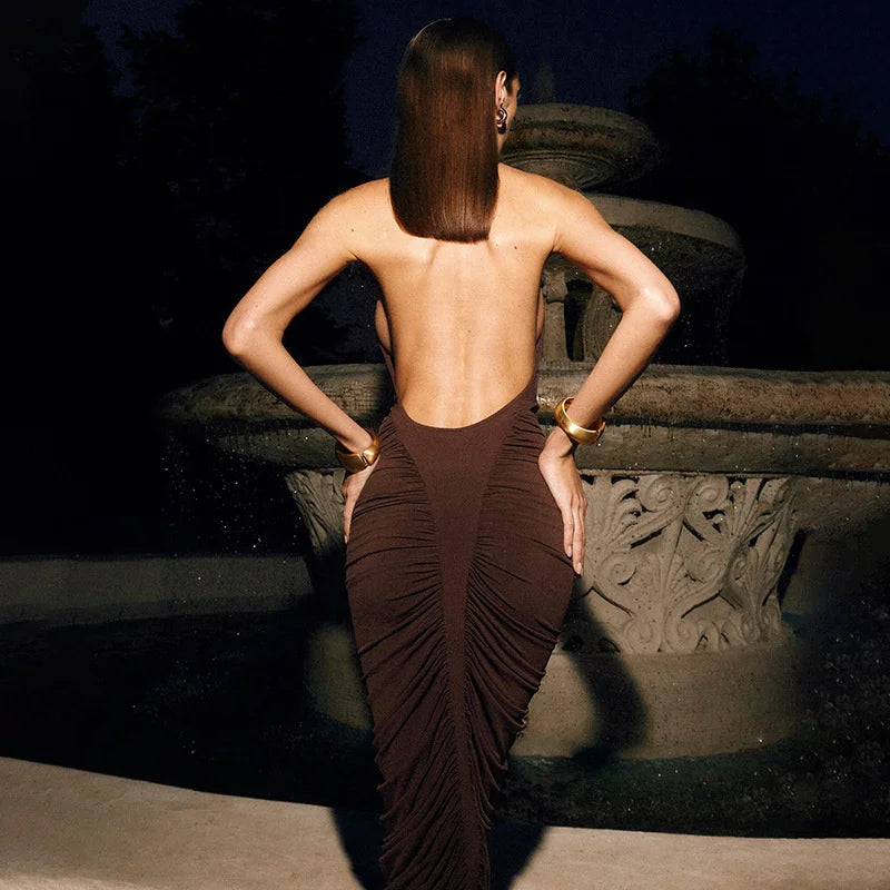 Mozision Turtleneck Backless Ruched Sexy Maxi Dress Women Brown Off-shoulder Backless Bodycon Club Party Long Dresses Female