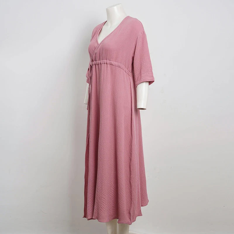 Elegant Party Dresses Women 100% Cotton Muslin Gauze Holiday Beach Casual Corset Waistband Ladies Robe Loose Soild Sundress