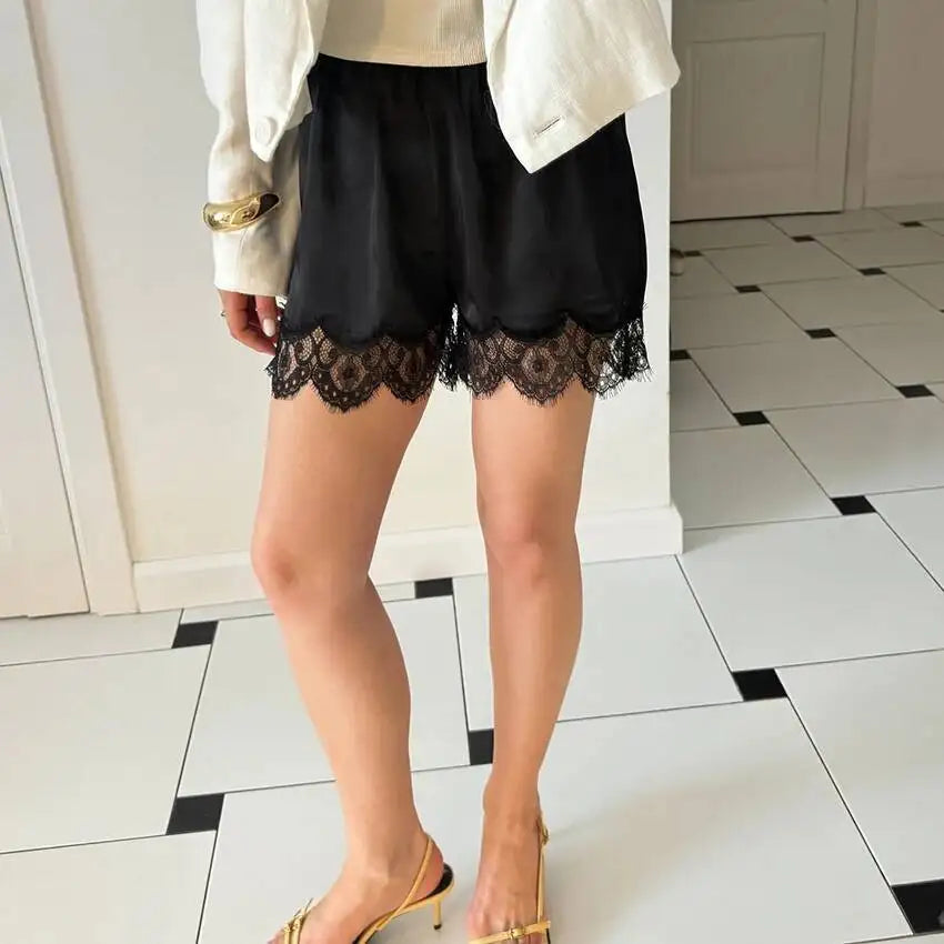 New Lace Casual Wide Leg Shorts Solid Elegant Black Short Pants High Waist Sexy Short High Street Y2k Bottoms Women Summer Short