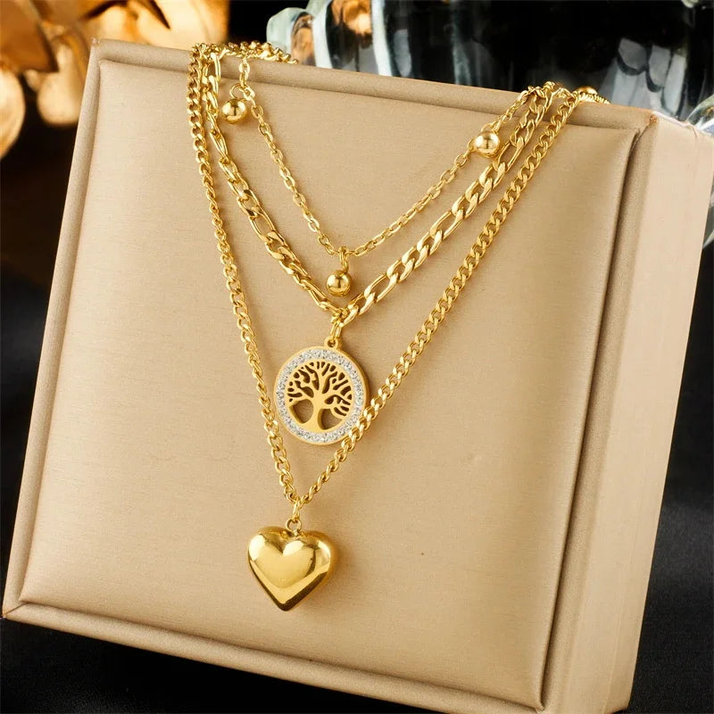 3PCS Set Heart Tree Pendant Necklace Bracelet Earring Set Gold Plating Big Heart Pendant Lucky Tree Crystal Jewelry Set