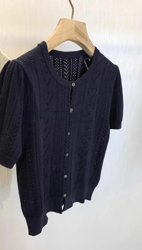 2025 Knitted Love Hollow Out Cardigans Women Summer Puff Sleeve Cropped Sweater Korean Single Breasted Fashion Woman Clothes