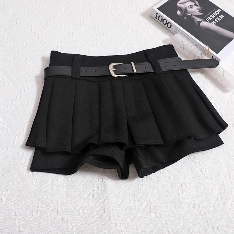 Kimotimo Womens Shorts Autumn Winter Belt High Waist Fluffy Pleated A-line Short Pants Korean Fashion Sexy Y2k All Match Clothes