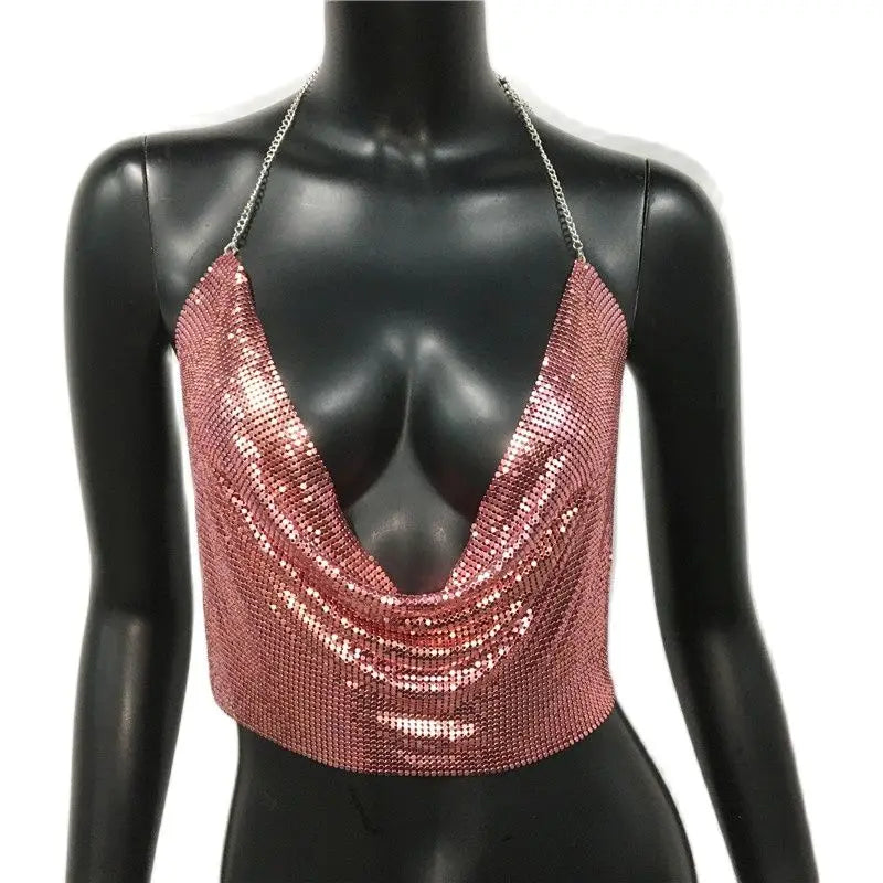 Glitter Metal Sequins Backless Camisole For Women Sexy Deep V Neck Halter Neck Sleeveless Tank Top Lady Nightclub Party Crop Top